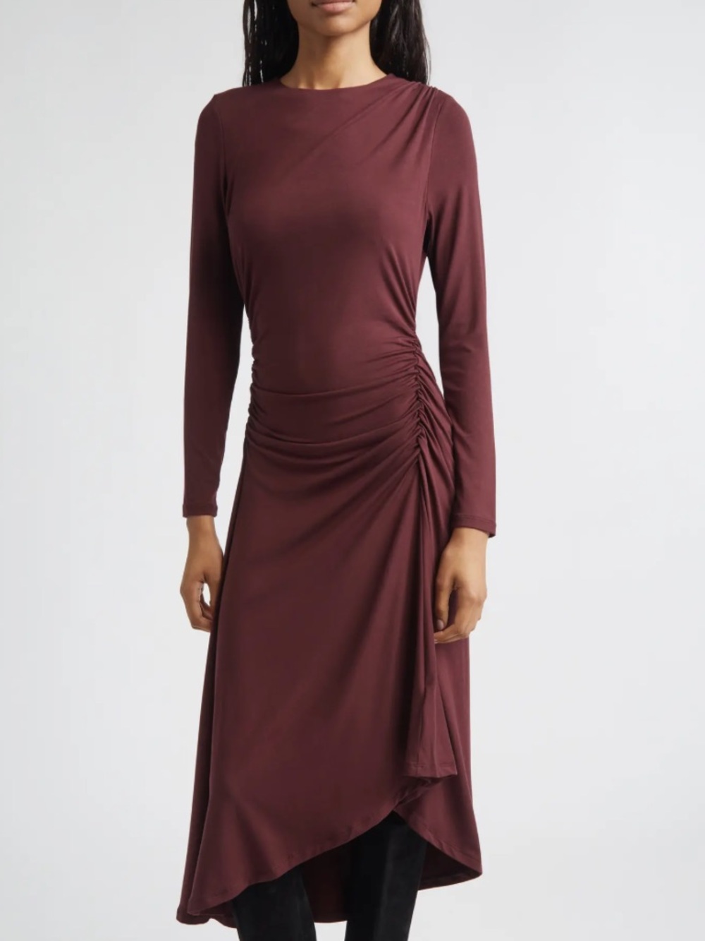 Veronica Beard Long-Sleeve Asymmetric Hem Dress in Burgundy